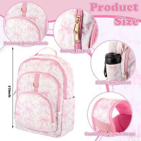 Hillban 2 Pcs Oxford Pink Bow Backpack Set with Pink Floral Lunch Bag in Kuwait