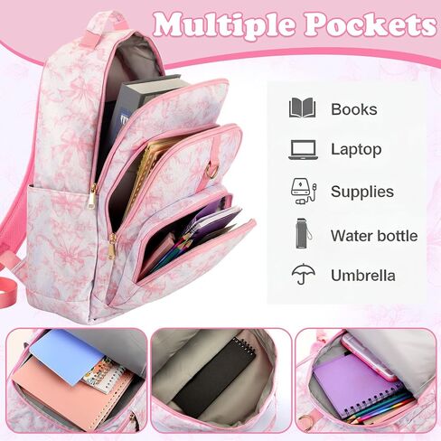 Hillban 2 Pcs Oxford Pink Bow Backpack Set with Pink Floral Lunch Bag in Kuwait
