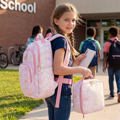 Hillban 2 Pcs Oxford Pink Bow Backpack Set with Pink Floral Lunch Bag in Kuwait