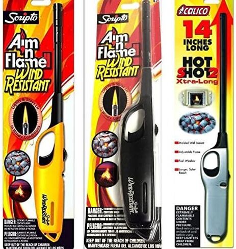 3 Pack - 2 Pack Scripto Multi Purpose Wind Resistant Lighter (Assorted Color) + 1 Pack Calico Hot Shot 2 Xtra Long Camping Grilling Home, Adjustable Flame in Kuwait