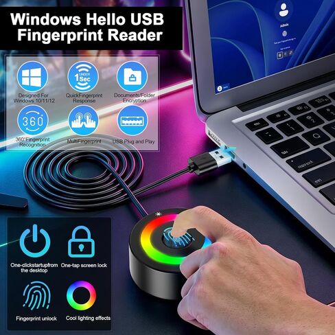 USB Fingerprint Reader for Windows 10/11/12 ONLY, RGB Light Up Windows Hello Fingerprint Scanner with 4.9FT Extension Cable,Match-in-Sensor Security, Plug and Play for Laptop/PC(Not for Mac/Linux) in Kuwait