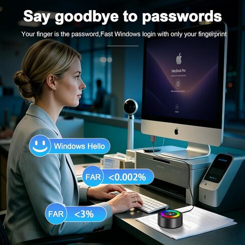 USB Fingerprint Reader for Windows 10/11/12 ONLY, RGB Light Up Windows Hello Fingerprint Scanner with 4.9FT Extension Cable,Match-in-Sensor Security, Plug and Play for Laptop/PC(Not for Mac/Linux) in Kuwait