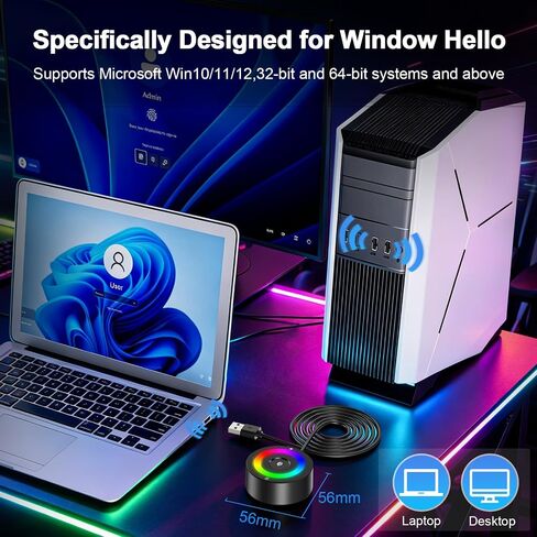 USB Fingerprint Reader for Windows 10/11/12 ONLY, RGB Light Up Windows Hello Fingerprint Scanner with 4.9FT Extension Cable,Match-in-Sensor Security, Plug and Play for Laptop/PC(Not for Mac/Linux) in Kuwait