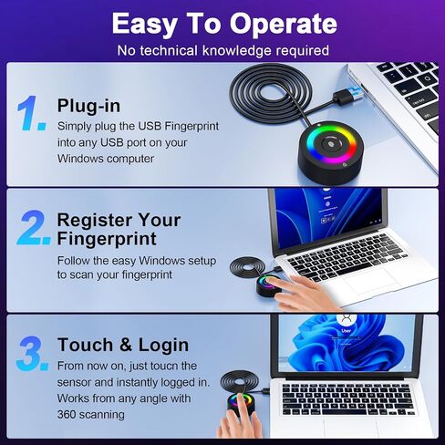 USB Fingerprint Reader for Windows 10/11/12 ONLY, RGB Light Up Windows Hello Fingerprint Scanner with 4.9FT Extension Cable,Match-in-Sensor Security, Plug and Play for Laptop/PC(Not for Mac/Linux) in Kuwait