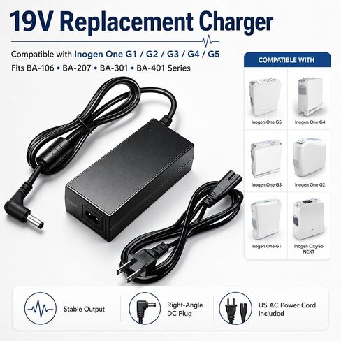 19V Replacement Charger for Inogen One G1-G5 Oxygen Concentrator, Compatible BA-106 BA-207 BA-301 BA-401 Series Power Adapter in Kuwait