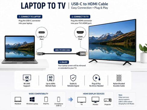 USB-C to HDMI Cable, 4K UHD 60Hz, USB Type-C to HDMI Adapter Cable, Thunderbolt 3/4 Compatible, for MacBook Pro/Air, iPad Pro, iPhone 15/16, Samsung Galaxy, Monitor, TV, Projector, 6FT in Kuwait