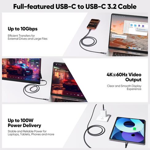 USB C to USB C Data Cable 1ft Short, 10Gbps Transfer 4K Video 100W Charge in Kuwait