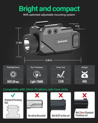 Gmconn 800 Lumen Pistol Light, Compact Adjustable Rail Mounted Flashlight Mini Weapon Light with Strobe Mode for Picatinny MIL-STD-1913, Glock (800 Lumen) in Kuwait
