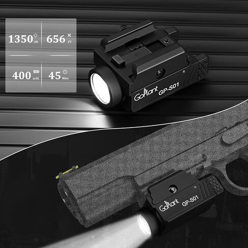 1350 Lumens Compact Weapon Light Flashlight, Only LED Light Without Laser Aircraft Grade Aluminum Subcompact Pistol Light, Adjustable Rail-Mounted Handgun Light, Type-C Rechargeable (GP-S01) in Kuwait