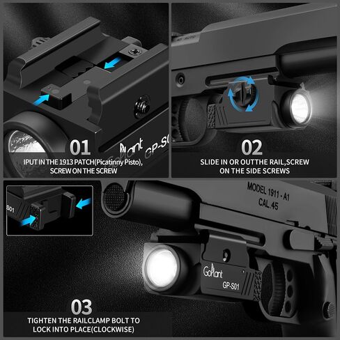 1350 Lumens Compact Weapon Light Flashlight, Only LED Light Without Laser Aircraft Grade Aluminum Subcompact Pistol Light, Adjustable Rail-Mounted Handgun Light, Type-C Rechargeable (GP-S01) in Kuwait
