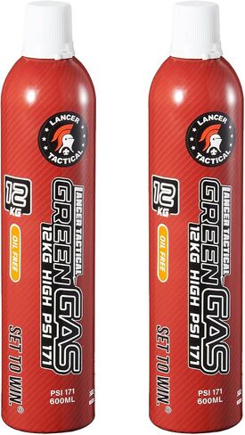 Lancer Tactical 600ml/20oz 12kg Powerful Green Gas High PSI G-1100 for Airsoft Pistol, Airsoft Rifle, Air Gun (Silicone Oil/Oil Free) -Pack of 2 in Kuwait
