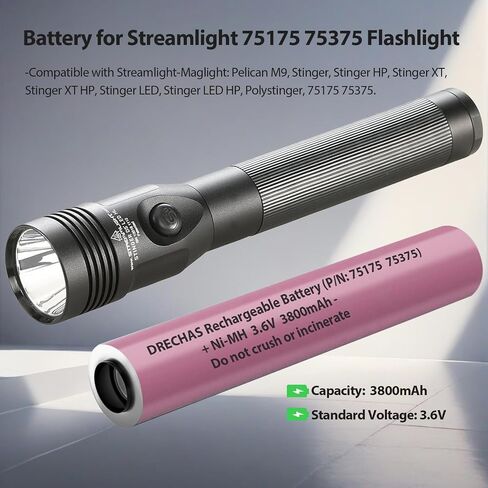 for Streamlight Battery 75175 (3800mAh), 3.6V Ni-MH Batteries for Streamlight Stinger Parts XT, DS, LED HP, 75375 75300 75500 75810 76000 76300 PolyStinger, Pelican M9 Flashlight, 1 Pack in Kuwait