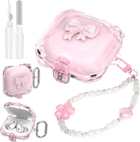 [Secure Lock] TUDIOW 3D Bow Case for Beats Fit Pro 2021, Clear Pink in Kuwait