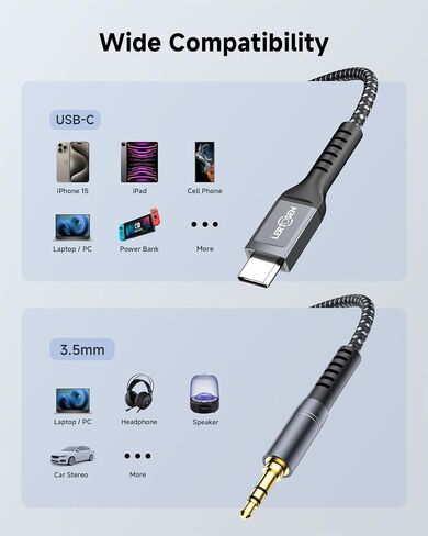 【4FT 2 Packs】 USB C to 3.5mm Audio Aux Jack Cable,Type C to 3.5mm Headphone Car Stereo Cord Hi-Fi DAC Dongle Aux Cord Compatible with iPhone 17/16/15 Pro Max,Samsung S25/S24/S23,iPad Pro,Pixel in Kuwait