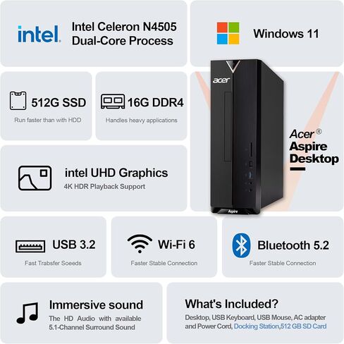 Acer Aspire Desktop Computer – Intel Celeron N4505, Office 365 for The Web,16GB 1.5TB Storage (1TB SSD+512GB SD),Fast & Reliable Home Office PC Bundle with Docking Station, Wi-Fi, Windows 11, Black in Kuwait