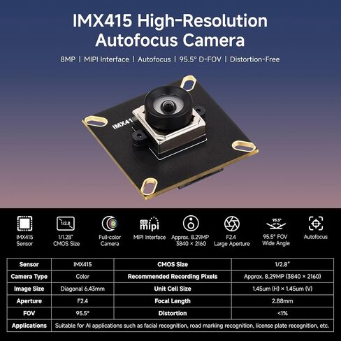 Waveshare IMX415 8MP MIPI Camera Module, Autofocus, 95.5° D-FOV, Distortion-Free, Compatible with Raspberry Pi 5 / 4B / 3 / Zero in Kuwait