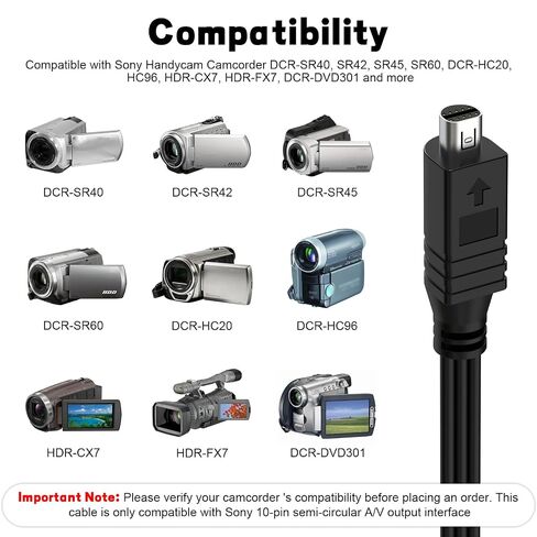 Replacement AV Cable for Sony Handycam, VMC-15FS 10pin A/V Audio Video Cable Cord for DCR-SR40/SR42/SR45/SR60, DCR-HC20/HC96, HDR-CX7, HDR-FX7, DCR-DVD301 Camcorder and More, 3.9FT in Kuwait