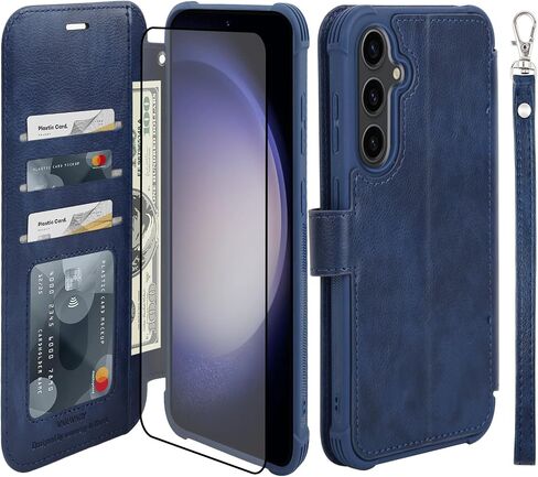VANAVAGY Compatible for Galaxy S23 Wallet Case for Women Men, PU Leather Flip Cover with Wrist Strap for Wireless Charging with RFID Blocking Card Holder Screen Protector, Blue in Kuwait