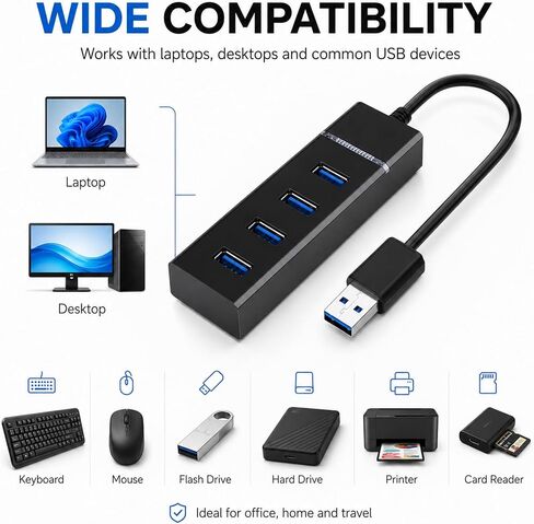 USB 3.0 Hub 4 Ports with Type-C Power Input, High-Speed USB Splitter for Laptop, PC, Xbox, Flash Drive, HDD, Printer, Camera, Keyboard & Mouse – Data Transfer Only in Kuwait