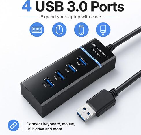 USB 3.0 Hub 4 Ports with Type-C Power Input, High-Speed USB Splitter for Laptop, PC, Xbox, Flash Drive, HDD, Printer, Camera, Keyboard & Mouse – Data Transfer Only in Kuwait