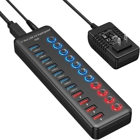 11-in-1 USB 3.0 Hub with Individual Power Switches – High-Speed Multi-Port (7 Faster Data Transfer Ports+ 4 Smart Charging Ports) Expansion Hub for Windows, MacOS, Laptops, PCs and Accessories in Kuwait