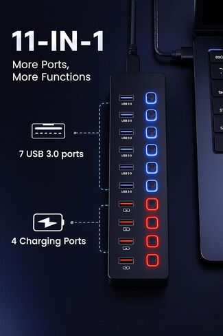 11-in-1 USB 3.0 Hub with Individual Power Switches – High-Speed Multi-Port (7 Faster Data Transfer Ports+ 4 Smart Charging Ports) Expansion Hub for Windows, MacOS, Laptops, PCs and Accessories in Kuwait