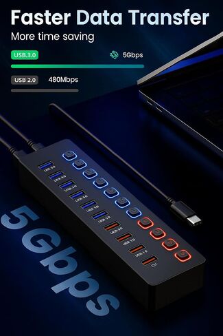 11-in-1 USB 3.0 Hub with Individual Power Switches – High-Speed Multi-Port (7 Faster Data Transfer Ports+ 4 Smart Charging Ports) Expansion Hub for Windows, MacOS, Laptops, PCs and Accessories in Kuwait