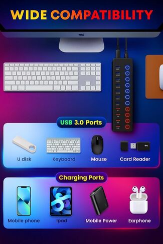 11-in-1 USB 3.0 Hub with Individual Power Switches – High-Speed Multi-Port (7 Faster Data Transfer Ports+ 4 Smart Charging Ports) Expansion Hub for Windows, MacOS, Laptops, PCs and Accessories in Kuwait