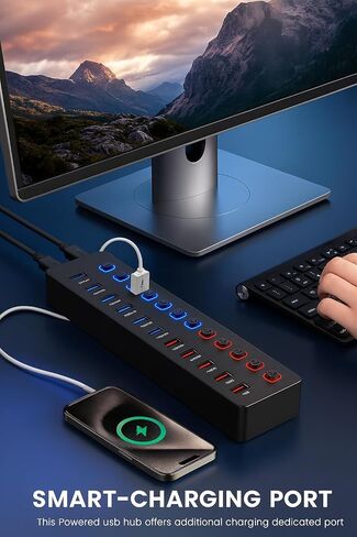 11-in-1 USB 3.0 Hub with Individual Power Switches – High-Speed Multi-Port (7 Faster Data Transfer Ports+ 4 Smart Charging Ports) Expansion Hub for Windows, MacOS, Laptops, PCs and Accessories in Kuwait