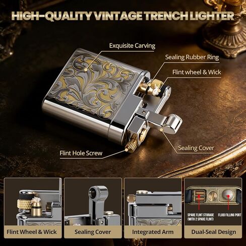 Vintage Trench Lighter, Refillable Soft Flame Lighters, Kerosene Fluid Engraving Lighter - Antique Brass Lighters for Him (Fuel Not Included) in Kuwait