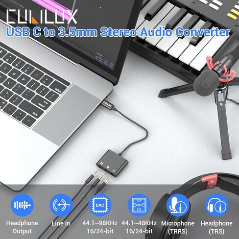Cubilux USB C to 3.5mm Adapter for Live Streaming/Recording, USB C to TRRS Microphone Splitter for Laptop, Recording Adapter with Line-in & Mic-in & 3.5 Headphone Out-Suitable for Laptop/PC in Kuwait