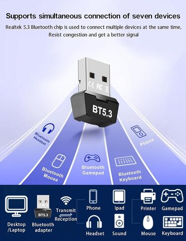 USB Bluetooth 5.3 Adapter for PC, Supports Windows 11/10/8.1/7,5.3+EDR Bluetooth Wireless Transmitter Receiver for Desktop, Laptop, Mouse, Keyboard, Printers, Headsets (Black) in Kuwait