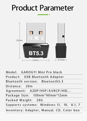 USB Bluetooth 5.3 Adapter for PC, Supports Windows 11/10/8.1/7,5.3+EDR Bluetooth Wireless Transmitter Receiver for Desktop, Laptop, Mouse, Keyboard, Printers, Headsets (Black) in Kuwait
