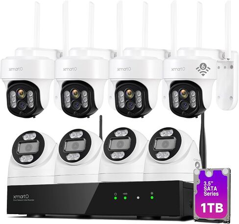 xmartO 10CH 8 Pcs Home Security Camera Kit, 4 * 10X Zoom WiFi6 Security Camera and 4 * 2K HD Dome Camera, 2-Way Audio, Night Vision, 24/7 Surveillance Camera, No Monthly Fee(Include 1TB Hard Drive in Kuwait