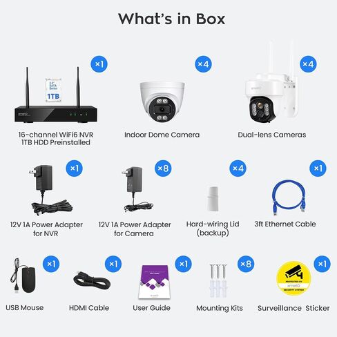 xmartO 10CH 8 Pcs Home Security Camera Kit, 4 * 10X Zoom WiFi6 Security Camera and 4 * 2K HD Dome Camera, 2-Way Audio, Night Vision, 24/7 Surveillance Camera, No Monthly Fee(Include 1TB Hard Drive in Kuwait