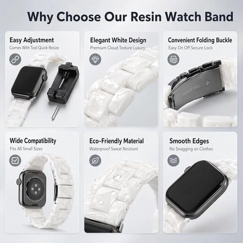 Resin Apple Watch Band for Women, Adjustable Link Bracelet with Link Removal Tool, Waterproof Lightweight Replacement Strap with Folding Clasp Compatible with Apple Watch 38mm 40mm 41mm Series 10 (42mm), 9, 8, 7, 6, 5, 4, 3, SE in Kuwait