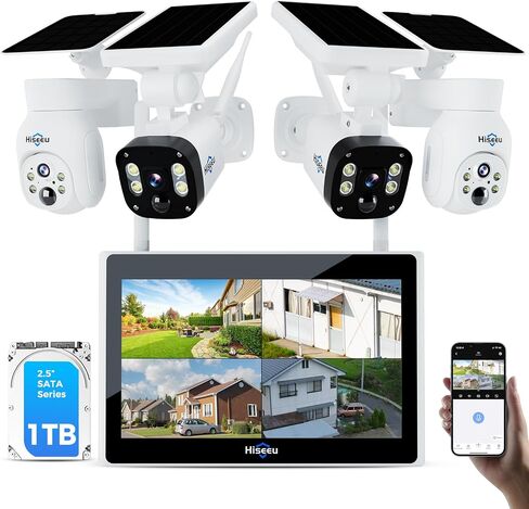 Hiseeu [1TB HDD,4MP Spotlight] Solar Home Security Camera System,PTZ Dome + Bullet Solar Security Cameras Wireless Outdoor,10CH 10 Inch LCD 4K NVR,Smart Human Detection,2-Way Audio,Motion Record in Kuwait