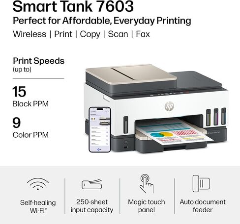 HP Smart Tank 7603 Wireless All-in-One Ink Tank Printer, Scanner, Fax, Copier with up to 3 Years of Ink Included, Best-for-Home Office, Cartridge-Free Refillable, AI-Capable (9B5D1A) in Kuwait