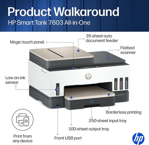 HP Smart Tank 7603 Wireless All-in-One Ink Tank Printer, Scanner, Fax, Copier with up to 3 Years of Ink Included, Best-for-Home Office, Cartridge-Free Refillable, AI-Capable (9B5D1A) in Kuwait