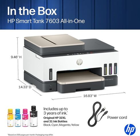 HP Smart Tank 7603 Wireless All-in-One Ink Tank Printer, Scanner, Fax, Copier with up to 3 Years of Ink Included, Best-for-Home Office, Cartridge-Free Refillable, AI-Capable (9B5D1A) in Kuwait