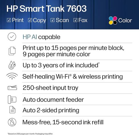 HP Smart Tank 7603 Wireless All-in-One Ink Tank Printer, Scanner, Fax, Copier with up to 3 Years of Ink Included, Best-for-Home Office, Cartridge-Free Refillable, AI-Capable (9B5D1A) in Kuwait