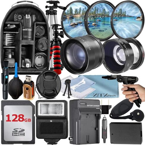 49mm Accessory Bundle for Canon EOS: R100, R50, R10, M5, M6 Mark II, M6 + LP-E17 Battery + 128GB Memory Card + Wide Angle + Telephoto Lens + Battery Charger + Backpack + Flash + More in Kuwait