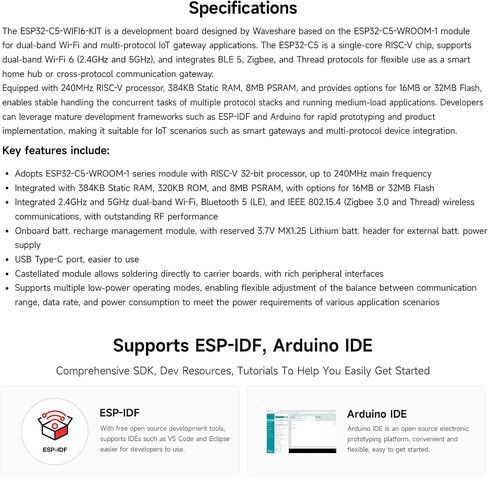 KLAYERS ESP32-C5-Dual-Band Wi-Fi 6 IoT Gateway Dev Board with RISC-V Processor, BLE 5, Zigbee & Thread, 240MHz CPU, 384KB Static Ram, 16MB Flash, with Pre-soldered Pins in Kuwait