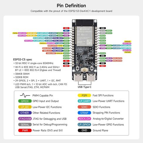 KLAYERS ESP32-C5-Dual-Band Wi-Fi 6 IoT Gateway Dev Board with RISC-V Processor, BLE 5, Zigbee & Thread, 240MHz CPU, 384KB Static Ram, 16MB Flash, with Pre-soldered Pins in Kuwait