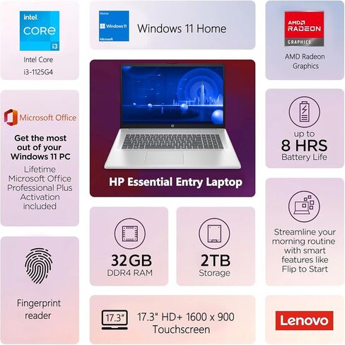 HP 17 Laptop, 17.3" HD+ Display, 11th Gen Intel Core i3-1125G4 Processor, 32GB RAM, 1TB SSD, Wi-Fi, HDMI, Webcam, Windows 11 Home, Silver in Kuwait