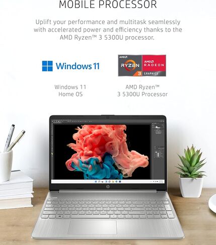 HP 15 Laptop, AMD Ryzen 3-5300U Processor, 8 GB RAM, 256 GB SSD Storage, 15.6-inch HD Micro-Edge Display, Windows 11 Home, Long-Lasting Battery, Fast Charge, 720p Webcam (15-ef2024nr), Natural Silver in Kuwait
