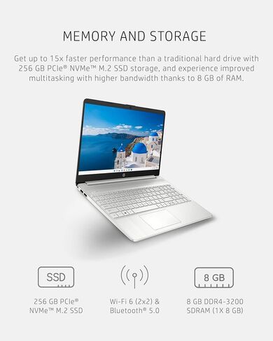 HP 15 Laptop, AMD Ryzen 3-5300U Processor, 8 GB RAM, 256 GB SSD Storage, 15.6-inch HD Micro-Edge Display, Windows 11 Home, Long-Lasting Battery, Fast Charge, 720p Webcam (15-ef2024nr), Natural Silver in Kuwait