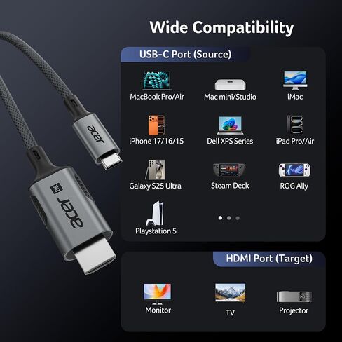 Acer USB C to HDMI 2.1 Cable 6.6FT (8K@60Hz 4K@240Hz) Unidirectional in Kuwait