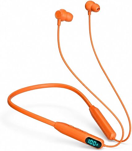 Wireless Bluetooth Neckband Headphones with LED Battery Display, Deep Bass Stereo Earbuds, Magnetic Earphones with Built-in Mic, Noise Isolating, Long Battery Life for Sports, Running & Work (Orange) in Kuwait