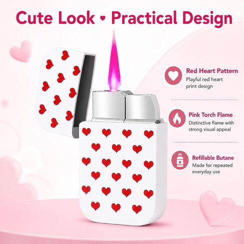 Pink Flame Torch Lighter Cute Heart Pattern Refillable Butane Windproof Pocket Lighter 60 × 35 × 11 mm Mini Portable Lighter for Women Candle BBQ Camping Kitchen Outdoor Use (Butane Not Included) in Kuwait